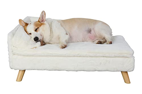 BingoPaw Luxus Hundesofa Hundecouch mit Rückenlehne Plüsch Kissen Holzbeinen, erhöhtes Hundebett Hundesofa für mittlere kleine Hunde, katzensessel für große Katzen, 80x50x39cm Beige