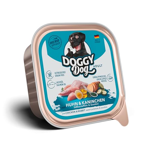 DOGGY Dog Paté Huhn & Kaninchen, 10 x 150 g, Nassfutter für Hunde, getreidefreies Hundefutter mit Lachsöl und Grünlippmuschel, Alleinfuttermittel mit Süßkartoffel und Zucchini, Made in Germany