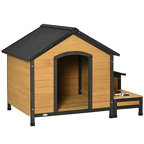 PawHut Hundehütte aus Holz Hundehaus isoliertes Kleintierhaus mit 2 Hundeschüsseln Asphaltdach Outdoor wetterfeste Hütte für draußen Tannenholz Naturholz 130 x 93 x 92 cm