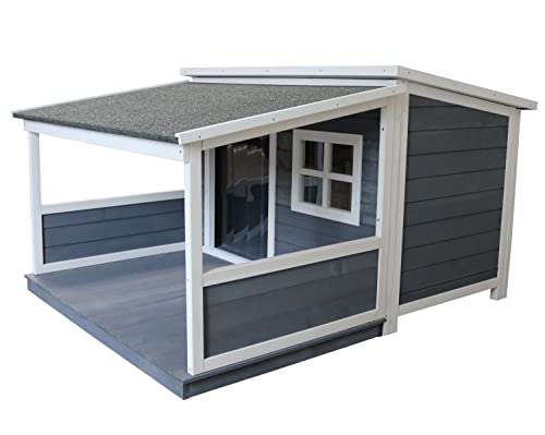 SunnyDogs Hundehütte aus Massivholz | wetterfeste Hundehütten mit Pultdach | isoliertes Hundehaus | Outdoor Hütte mit Vordach, Terrasse & Fenster | B 139 x T 115,5 x H 82 cm