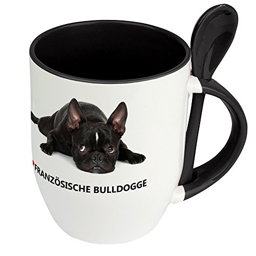 Hundetasse Französische Bulldogge - Keramik Löffel-Tasse mit Hundebild Französische Bulldogge - Becher, Kaffeetasse, Kaffeebecher, Mug - Schwarz