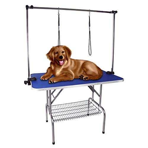 Kalolary 45inch Hund Trimmtisch Schertisch Hundepflegetisch, Hundepflegetisch klappbar, Tierpflegetisch mit Unterkorb und Schlingen, Stabil Höhenverstellbar klappbar Hunde Trimmtisch(Blau)