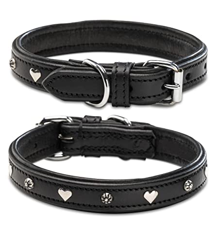 Jack & Russell Hundehalsband schwarz mit Applikationen Herz & Blume – Komfortables Echt-Leder-Hunde Halsband Coer (S (29,0-36,0))