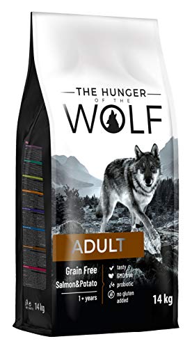 The Hunger of the Wolf Hundefutter für ausgewachsene Hunde aller Rassen und für Hunde mit Allergien, Fein zubereitetes Trockenfutter ohne Getreide mit Lachs und Kartoffeln - 14 kg