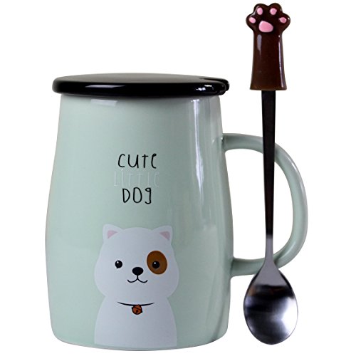 Angelice Home Niedliche Hunde-Tasse mit Hundemotiv, lustige Keramik-Kaffeetasse mit Edelstahl-Löffel, für Hundeliebhaber, Kaffeeliebhaber