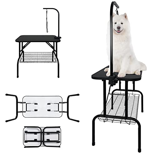 YARDIN Trimmtisch klappbar Tierpflegetisch Schertisch, Hundepflegetisch für Hunde Katzen, 360° Drehbarer Haltegurt, mit 1 Schlingen, Stabil Höhenverstellbar Trimmtisch Schwarz, bis 60 KG belastbar