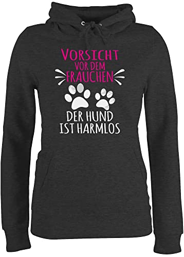 Pullover Damen Hoodie Frauen - Geschenk für Hundebesitzer - Vorsicht vor dem Frauchen - Pfotenabdrücke - weiß - XXL - Anthrazit meliert - Hund sprüche Kapuzenpullover hundegeschenke - JH001F