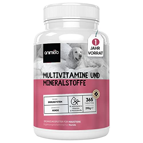 Animigo Multivitamin 365 Hunde & Katzen Tabletten - Vitamin B Komplex mit den Vitaminen A C E & D3-18 Hundemineralien & Vitamine für Immunsystem, Knochen, Gelenke - Kalzium, Eisen, Kupfer, Jod, Zink