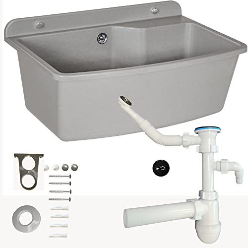Waschbecken mit Siphon Ausgussbecken aus Kunststoff grau Granit Farbe, 61 cm Länge hängen Wasserinstallation Küche Badezimmer robuste Waschtrog