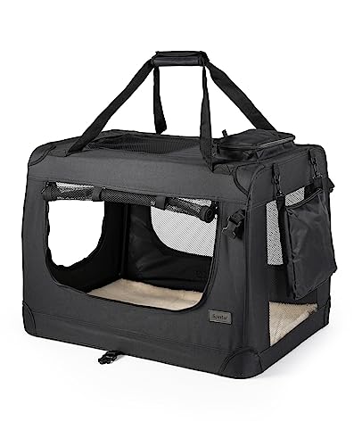 lionto Hundetransportbox faltbar für Reise & Auto, 60x42x44 cm, stabile Transportbox mit Tragegriffen & Decke für Katzen & Hunde bis 12 kg, robuste Hundebox aus Stoff für klein & groß, schwarz