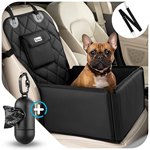 TIERBOX Premium Set Hunde Autositz mit Sicherheitsgurt, Hundekotbeutel Spender und Leinenclip + 20 Müllbeutel, Transportbox für kleine bis mittelgroße Hunde als Auto Zubehör (Schwarz)