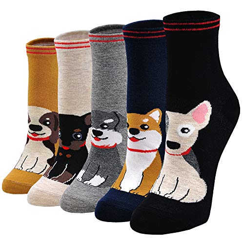 PUTUO Damen Socken aus Baumwolle Lustige Bunte Socken, Frauen Damen Thermal Socken Witzige Socken Karikatur Tier Socken Weihnachtssocken, 5 Paare, EU 37 - 43, Hundemuster 1
