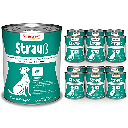 SUPRAVIT Nassfutter für Hunde I 12 x 410g Dosenfutter I Hundefutter mit schmackhaftem Strauß I getreidefreies Hundefutter für ernährungssensible Hunde