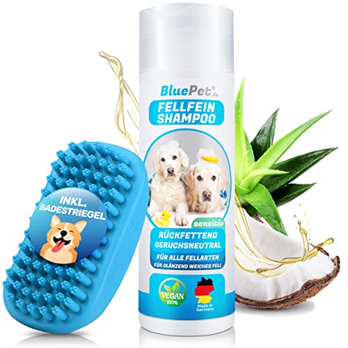BluePet® FellFein Hundeshampoo Sensitiv + Badestriegel - Gegen Gerüche & Juckreiz - Rückfettendes sensitives Pflegeshampoo mit Aloe Vera & Jojobaöl für glänzendes Fell = 100% Vegan
