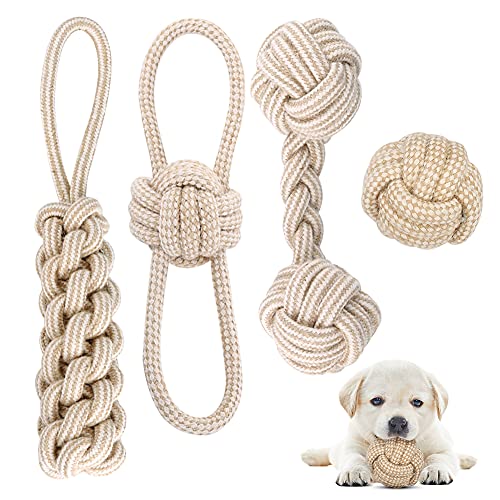 AnCoSoo Hundespielzeug Seil mit Knoten Ball, 4 Stück Kauen Hundespielzeug Set für Kleine Hunde/ Mittlere, Welpen Spielzeug für Hunde ​Zahnpflege, aus Natürlicher Baumwolle -Weiß