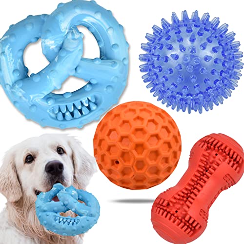 Hundespielzeug Unzerstörbar Kauspielzeug Hund - 4 Stück aus Hartgummi mit Konvexes Design stark interaktives Spielzeug für große kleine Hunde, Zähne reinigen und Zahnfleisch massieren