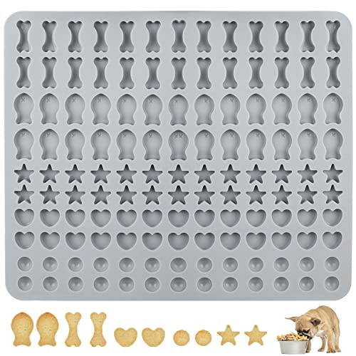 Backmatte Hundekekse Silikon Backmatte Hundeleckerlies 5 Formen in 1 BPA-freie Backmatte Backform für DIY Hundekekse und Leckerlis (Hellgrau Blau, 130 Gitter, Halbkugel Fischgräte Stern Herzform)