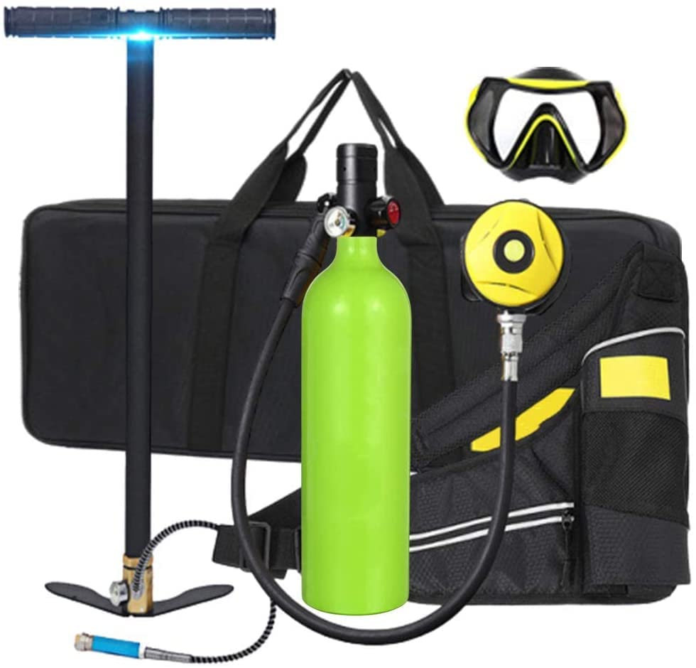 WOTR Tauchausrüstung, 1L Tragbare Mini zum tauchen Mit 15 Bis 20 Minuten, Sauerstoffflasche Taucherflasche mit Hochdruck Luftpumpe, für Reisen und Tauchen,Gelb