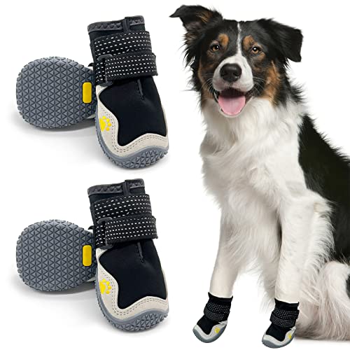 AQH Hundeschuhe, 4 Stück Atmungsaktive Stiefel für Hunde mit reflektierenden Riemen, Mikrofaser Leder Gummi Rhombische Sohle Hundepfotenschutz (4#)