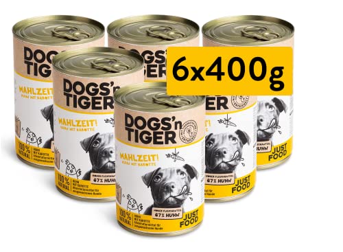Dogs'n Tiger – “Mahlzeit!” Premium Hunde Nassfutter – tiergerechte Rezeptur mit 67% Fleischanteil + Leinsamenöl + Kräuter – ohne Zucker, Getreide & künstliche Aromen (Huhn mit Karotte | 6 x 400 g)