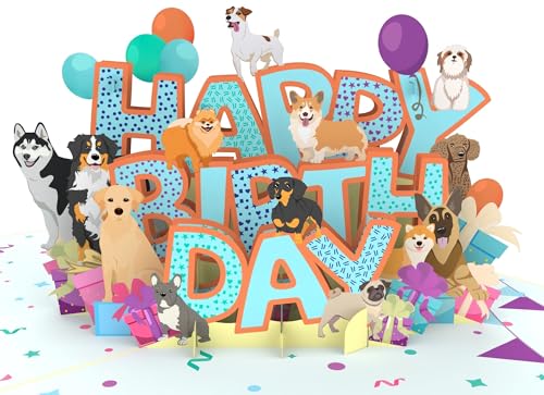 MOKIO® Pop-Up Karte – Happy Birthday Hunde – 3D Geschenkkarte mit Hundemotiv zum Geburtstag, als Gutschein oder für Geldgeschenke, Geburtstagskarte mit Hunden