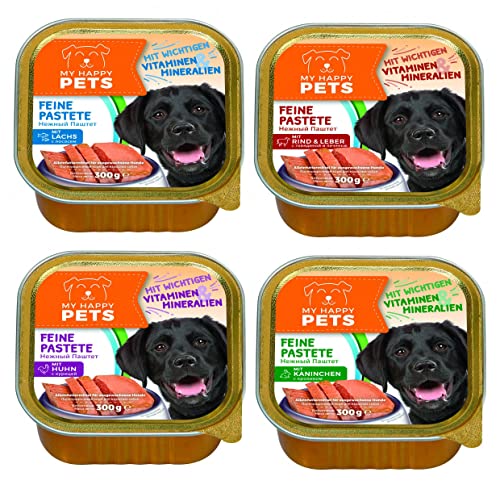 My Happy Pets 54x Hundefutter in 4 verschiedenen Sorten - Alleinfutter-Mittel für ausgewachsene Hunde - Nass-Futter - Feine Pastete - 54x300g