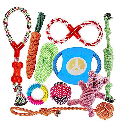 FONPOO Hundespielzeug, Welpenspielzeug aus natürlicher Baumwolle, interaktives Hundespielzeug zum Zähneputzen, Spielzeugset für kleine und mittlere Hunde 10 Stück