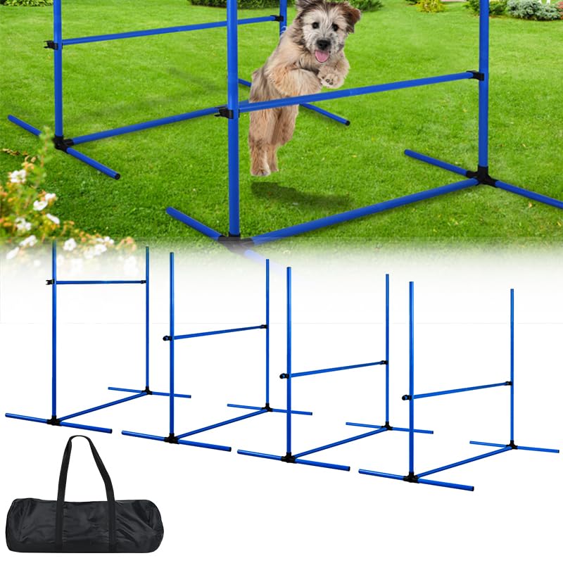 AufuN Hunde Agility Set Hürdenset mit 4 x Hürden, Höhenverstellbar Slalom Stangen Trainingsset inkl. Tragetasche, für Hunde, Training, 104 x 70 x 101 cm